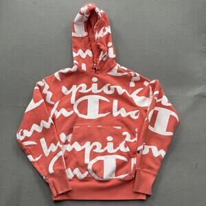 Champion Hoodie Mens Small Coral‎ White Reverse Weave Allover Big Logo Script